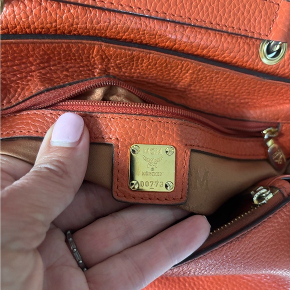 MCM Handbag Orange Leather Satchel Purse Visetos Logo Studs Bag - Picture 14 of 17